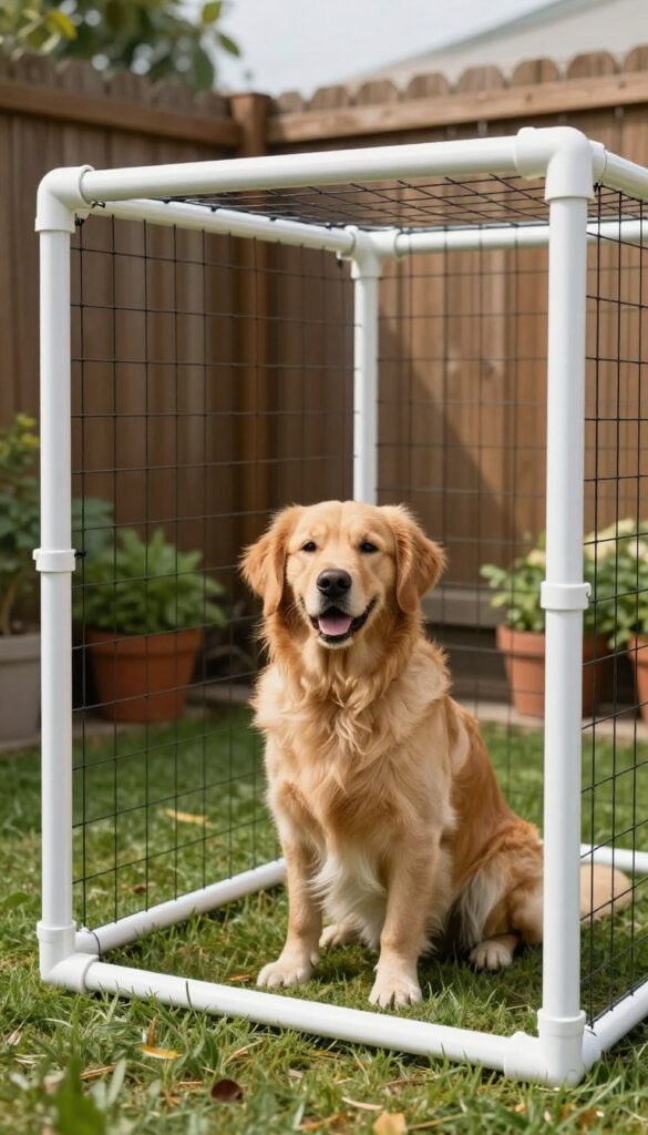 A PVC pipe and mesh dog kennel in a small sunny yard with a golden retriever inside.