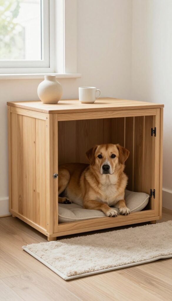 Furniture-style dog crate used as a side table in a bright living room with a dog resting inside