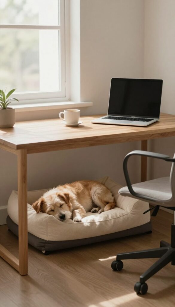 Small dog sleeping in a cozy bed under a wooden desk in a bright home office