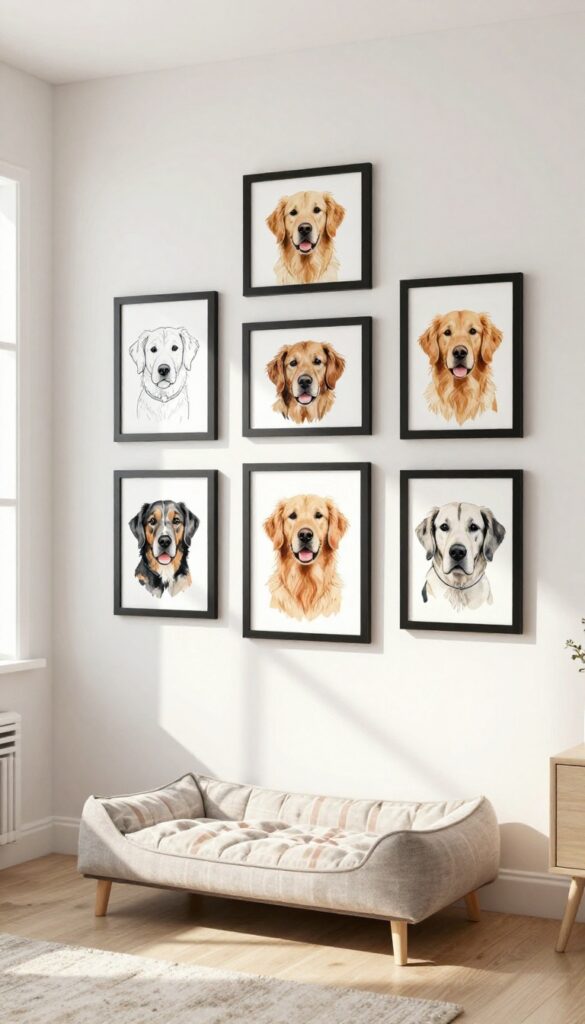 Gallery wall of custom dog portraits in black frames, featuring a golden retriever in watercolor, line drawing, and pop art styles, above a cozy dog bed in a bright living room.
