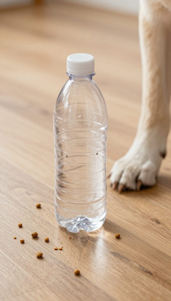 Dog playing with a DIY bottle spinner toy on a wooden floor