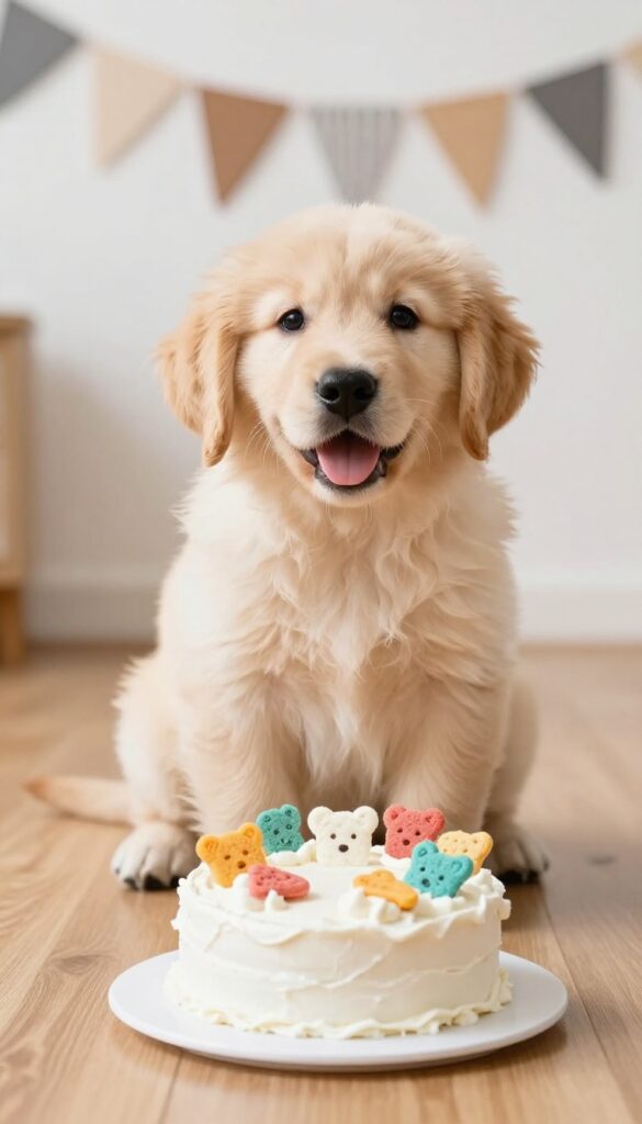 Dog enjoying a small dog-safe cake with yogurt frosting and treats on a cake stand, party decorations in background.