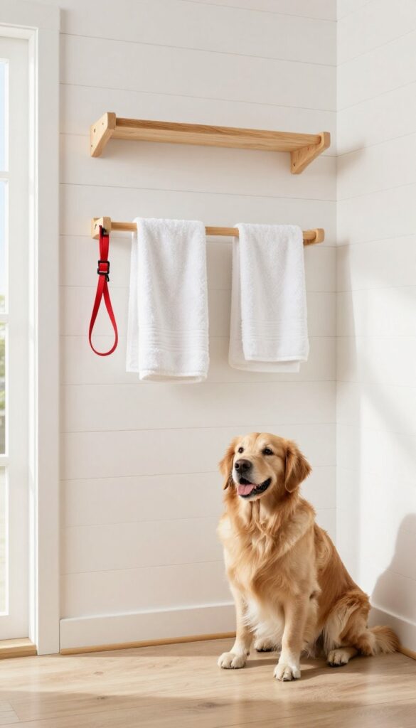 Wall-mounted drying rack holding white towels and a red leash, with a golden retriever sitting beside it in a bright mudroom.