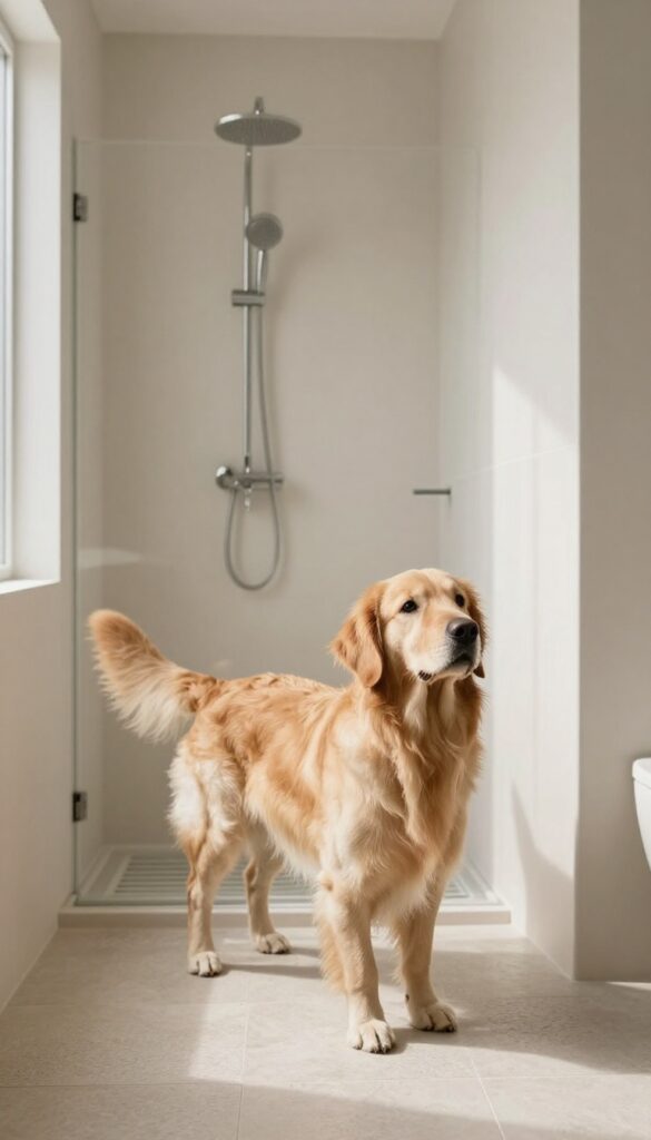 A dog standing in a walk-in shower with a handheld wand and built-in bench