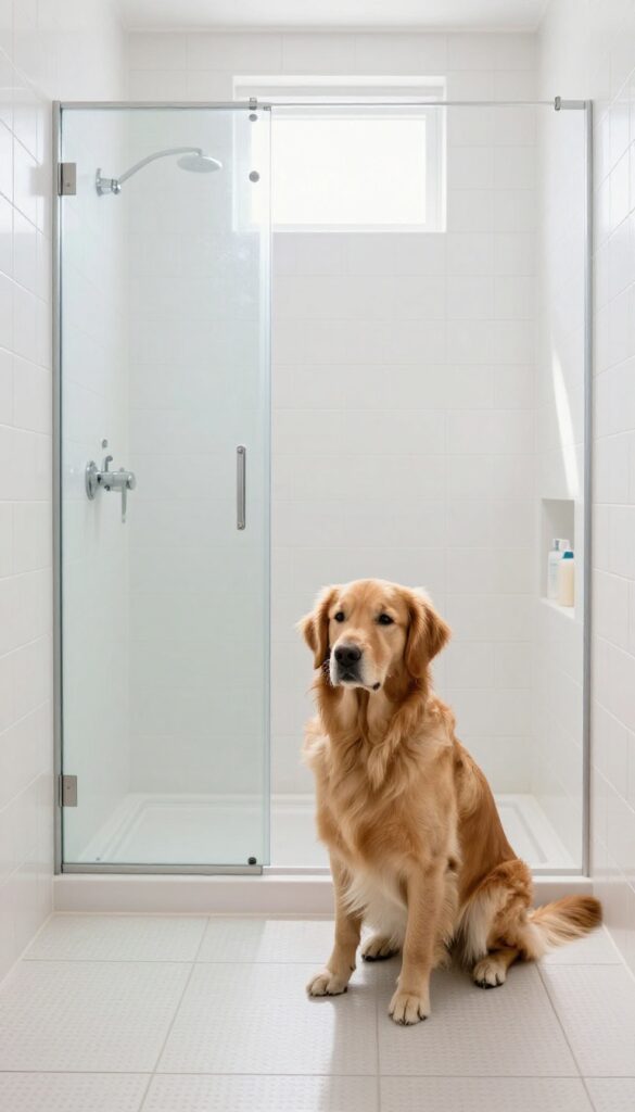 Walk-in shower with handheld sprayer and calm golden retriever on non-slip tile