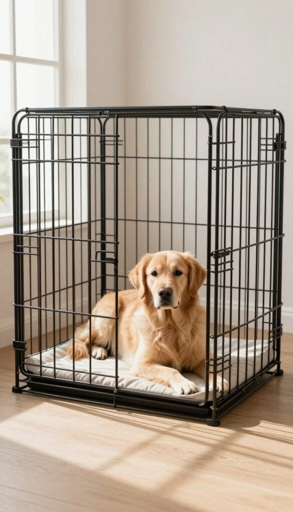 Large heavy-duty wire dog crate with divider panel in bright living room, large dog resting inside, natural light, photorealistic