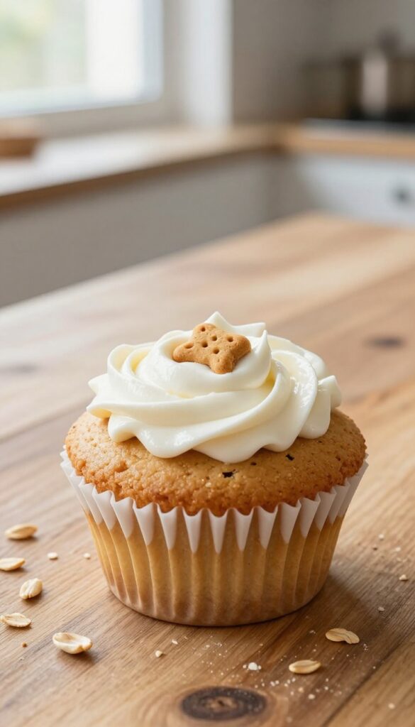 Peanut butter dog cupcake with yogurt frosting and dog biscuit on a wooden surface in natural light
