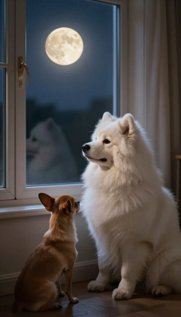 A dog gazing at the moon by a window at night, embodying the name Luna and the night owl theme.