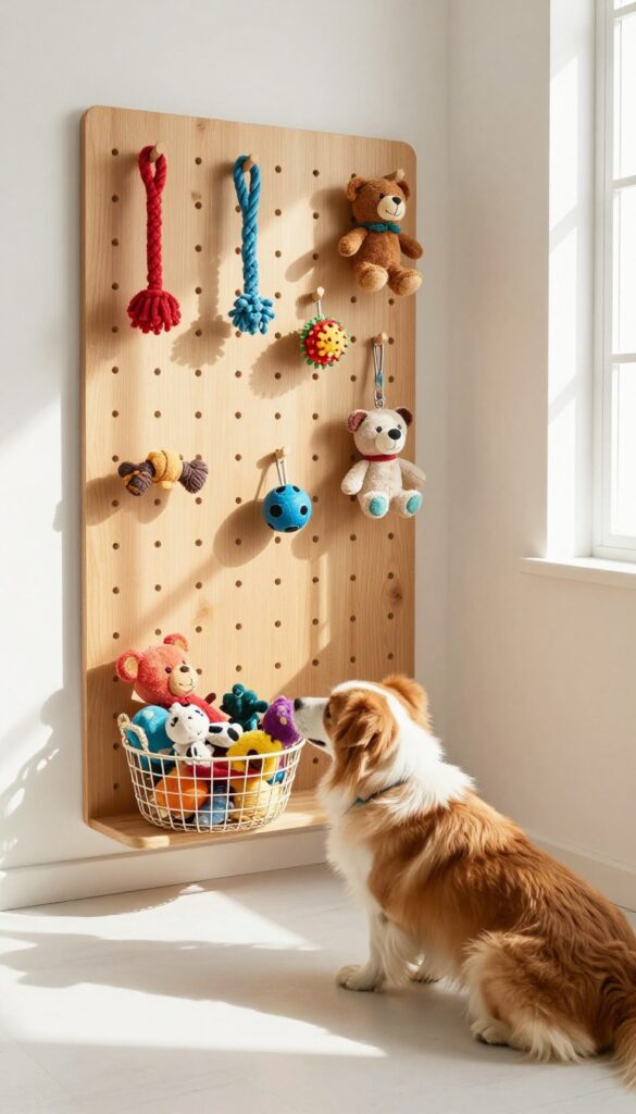 Wall-mounted pegboard organizing dog toys in a bright living room with a dog reaching for a toy