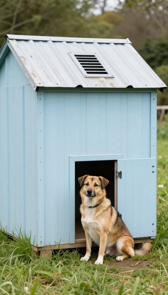 Repurposed shed dog kennel with metal roof and dog door