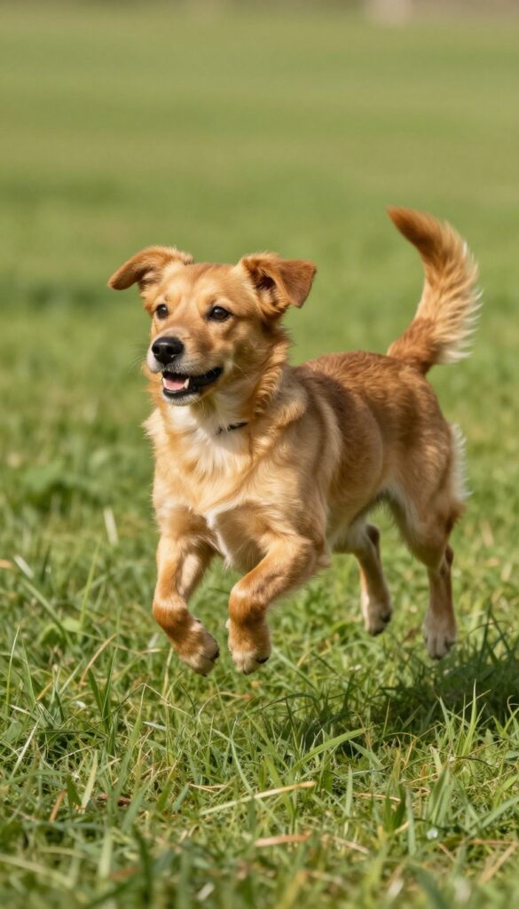 Playful small dog bouncing in sunny yard, representing a bubbly personality