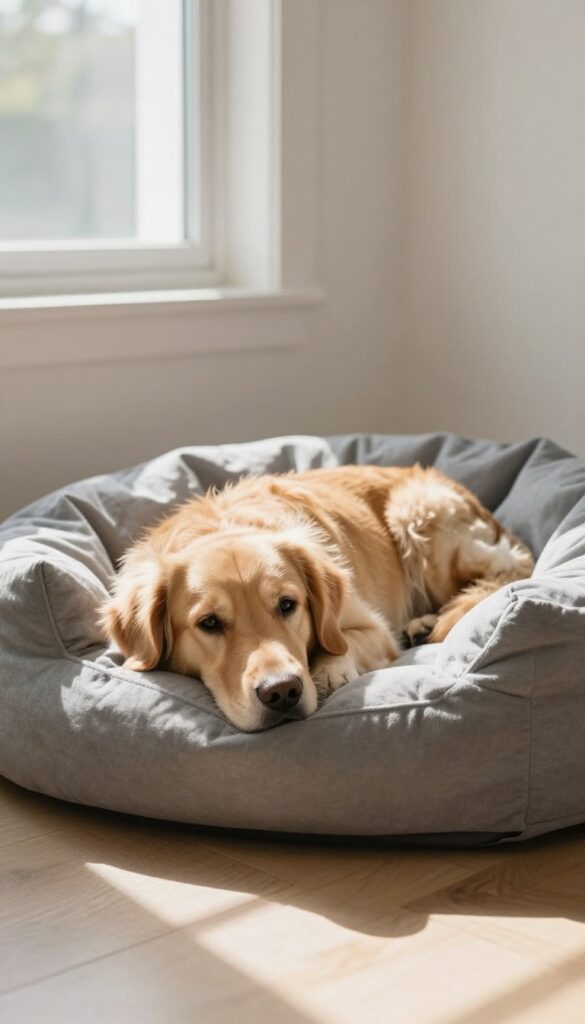 Golden retriever sleeping on a dog bed under a gray weighted blanket in a bright bedroom