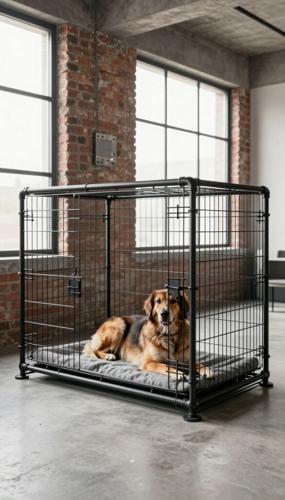 Industrial pipe dog crate with metal accents in a modern loft, featuring a dog on a mat inside, with exposed brick and concrete floors.