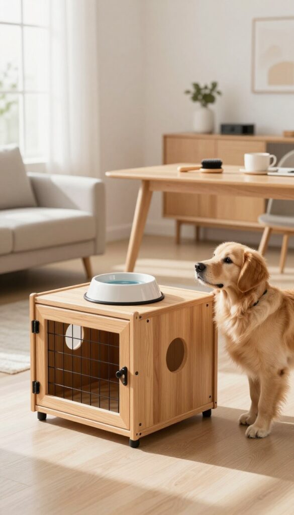 Dog crate with folding table top for grooming or feeding, golden retriever standing beside.