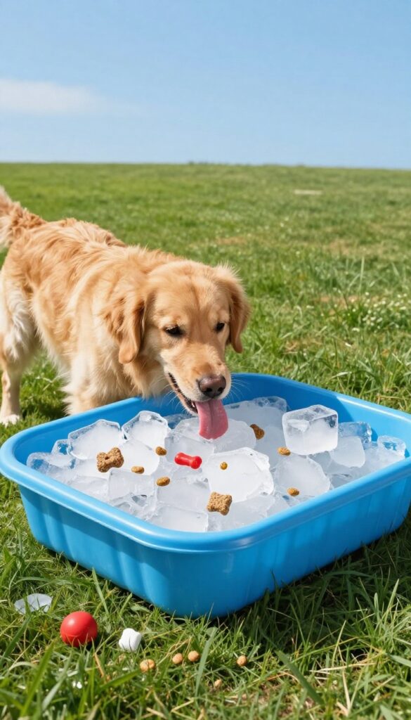 Dog enjoying an ice block treasure hunt in a kiddie pool on a sunny day