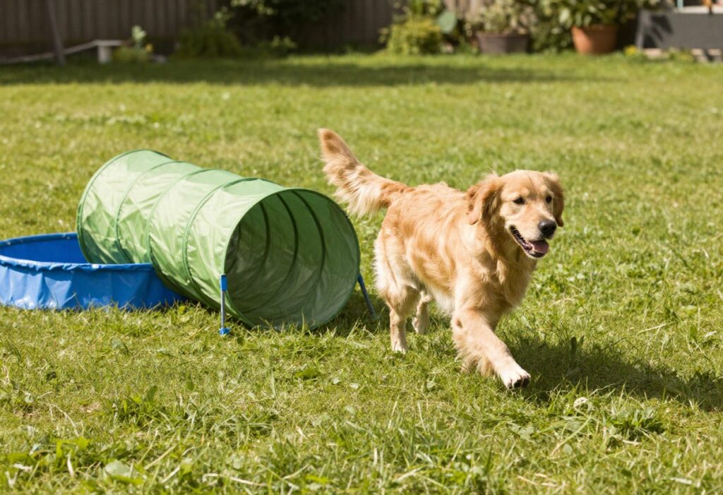 Golden retriever playing in a backyard dog playground with agility tunnel and splash pool