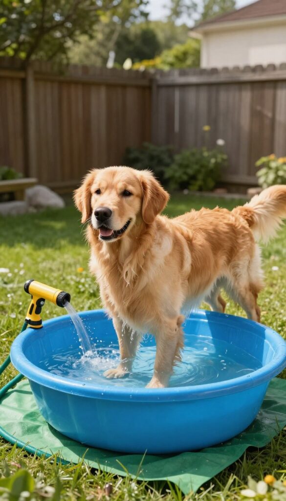 Dog standing in a blue plastic kiddie pool used as an outdoor dog wash station, with a hose and sprayer, on a tarp in a sunny backyard.
