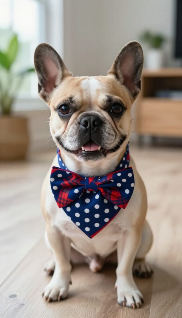A small short-haired dog wearing a patterned bow tie on its collar, sitting indoors in natural light, with a blurred background of houseplants and cozy home decor.