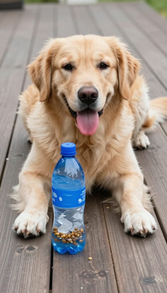Golden retriever licking a frozen bottle filled with water and kibble on a sunny deck.