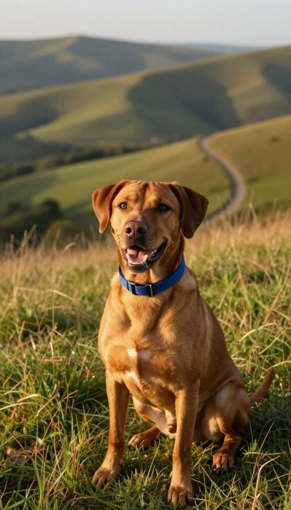 Adventurous dog named Cooper sitting on a hilltop, ready for a hike.