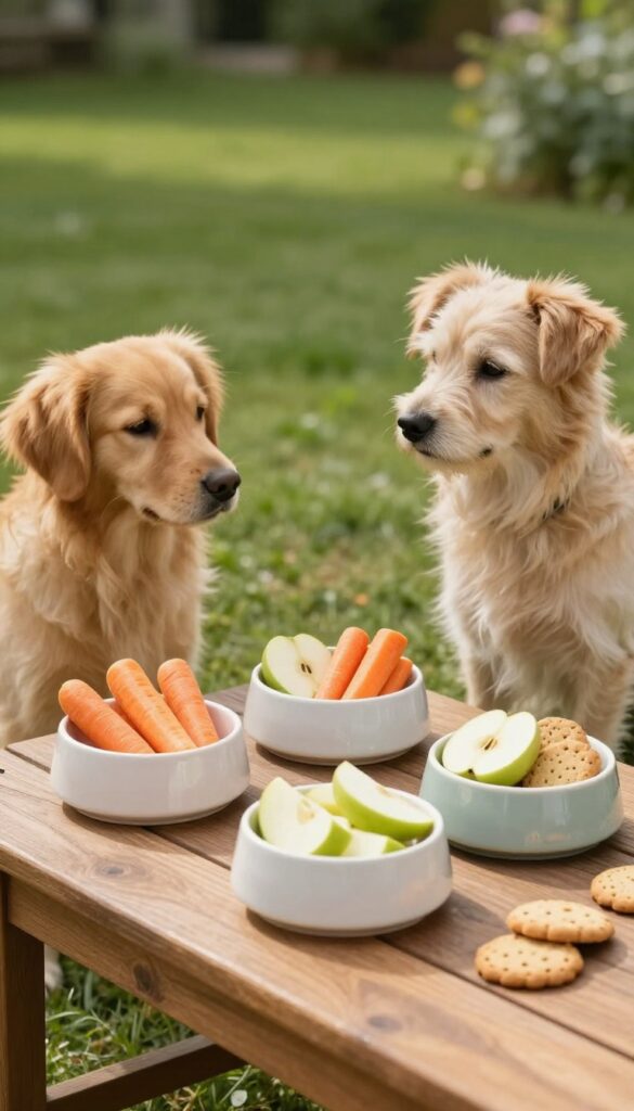 A snack station for dogs with bowls of carrot sticks, apple slices, and biscuits on a low wooden table, two dogs sitting nearby.