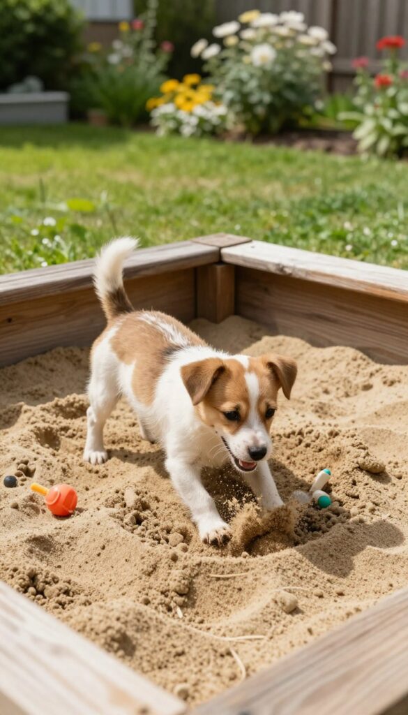 Dog digging in a wooden sandbox in a sunny backyard