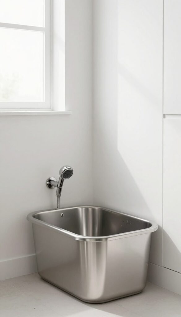 Wall-mounted dog bath tub in a laundry room, stainless steel, with handheld sprayer, clean and modern design.