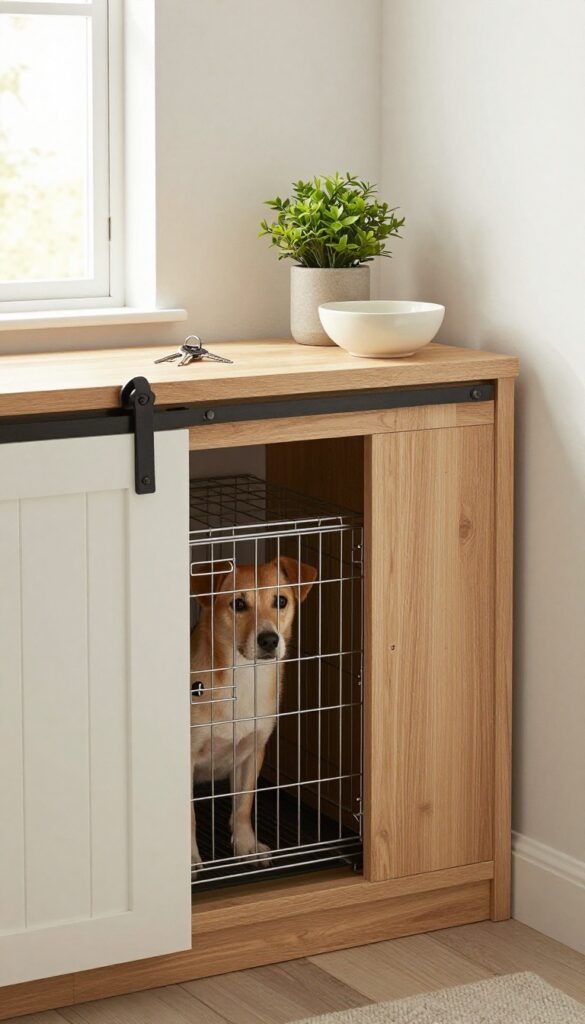 Console table with sliding barn doors hiding a wire dog crate underneath, dog peeking out, entryway setting with keys and decor on tabletop