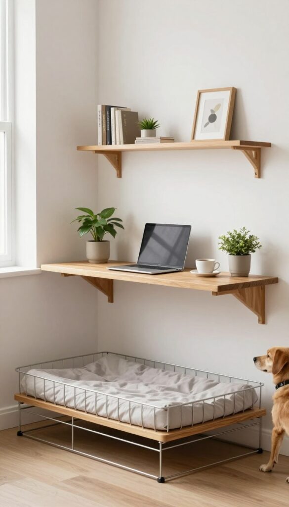 Floating desk mounted above a dog crate in a bright home office nook