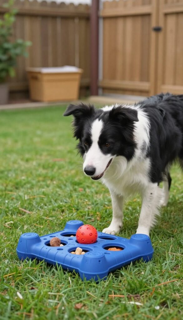 Border Collie playing with an interactive puzzle toy on backyard grass