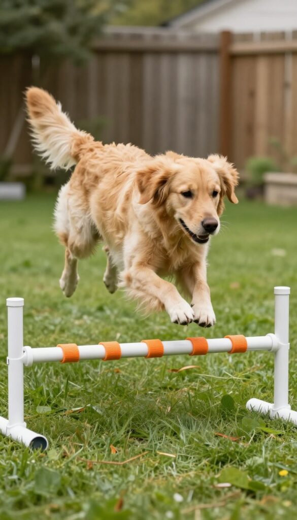 Golden retriever jumping over a DIY PVC pipe agility jump in a sunny backyard