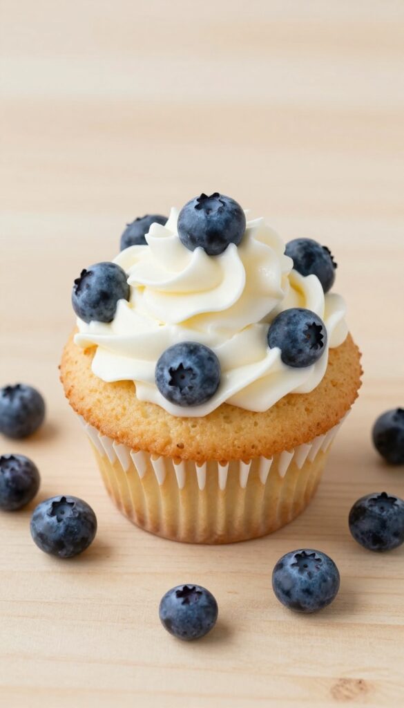 Blueberry dog cupcake with yogurt frosting on a wooden surface, side angle
