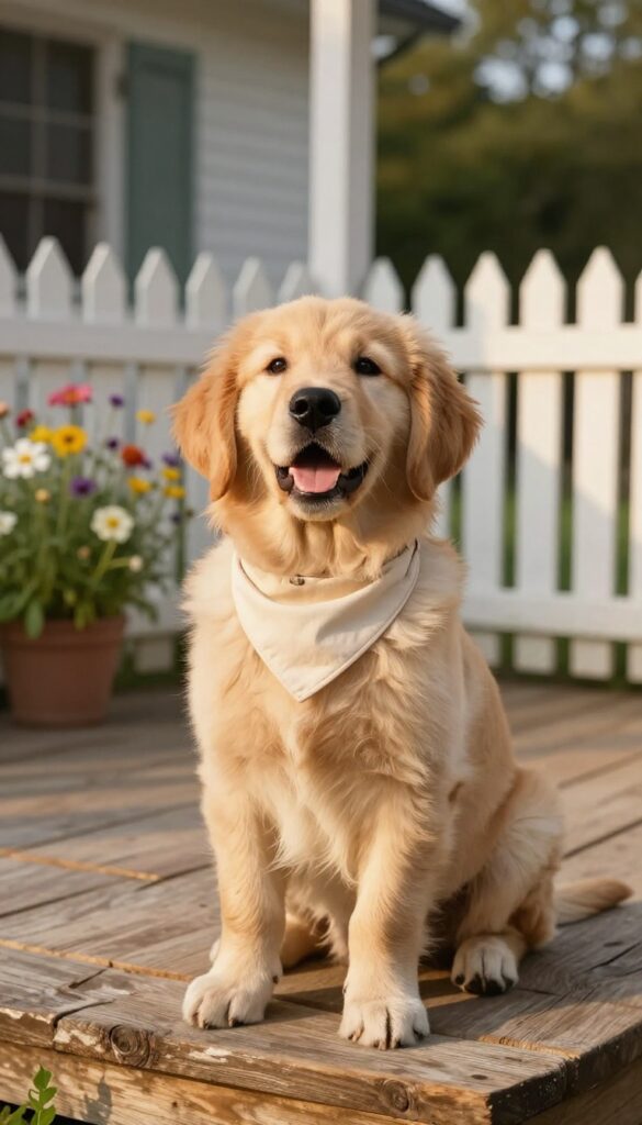 Golden retriever puppy on a farmhouse porch wearing a cream bandana, warm sunlight, rustic setting.