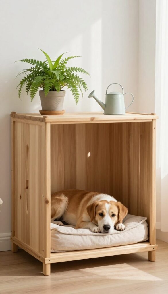 A stylish dog crate with a plant shelf on top, holding potted plants, in a bright living room with a dog resting inside.