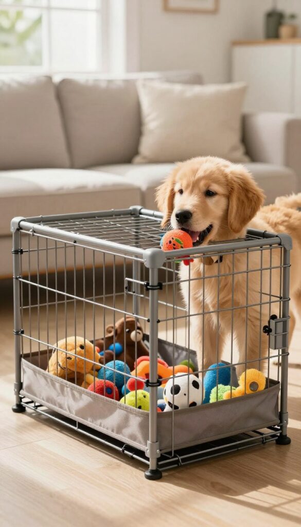Dog crate with attached toy caddy, golden retriever puppy reaching for toy, bright natural light