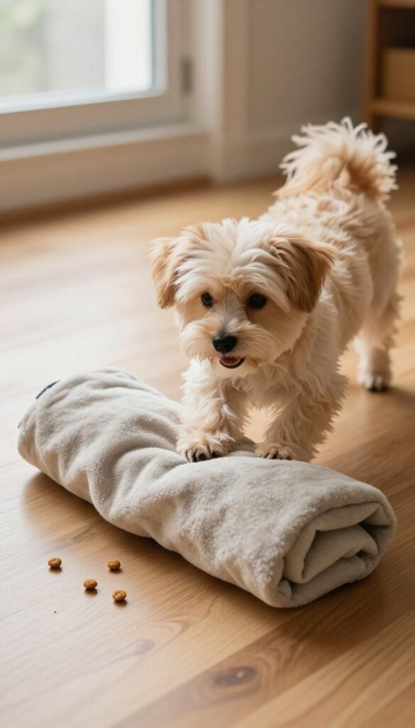Dog unwrapping a blanket burrito with treats inside