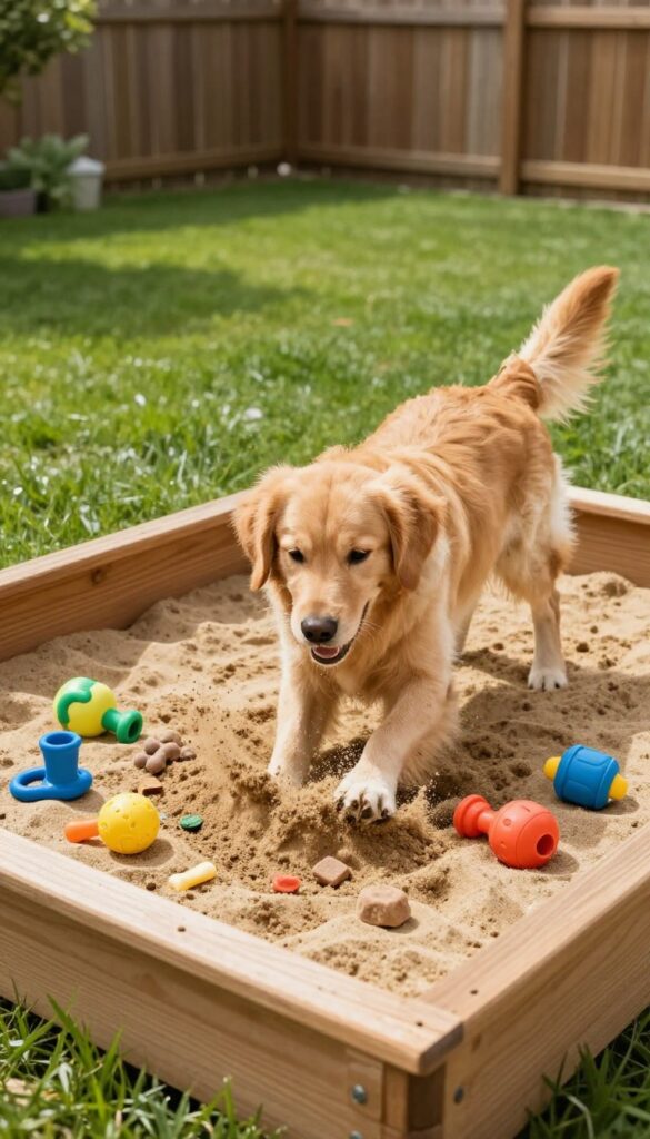 Dog digging in a sandbox in a sunny backyard
