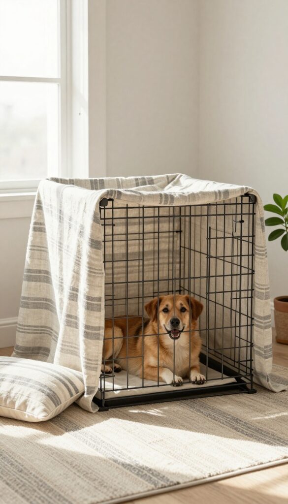 Dog crate with patterned linen cover in a bright living room, dog resting inside, cozy decor