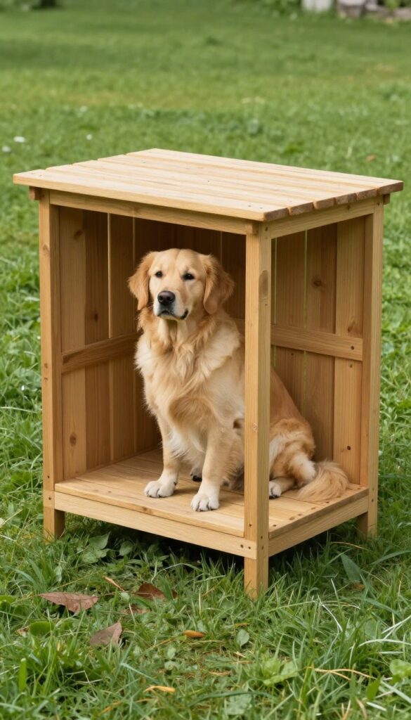 Elevated platform dog kennel with drainage slats in a sunny yard, golden retriever sitting on dry platform, wet grass around.