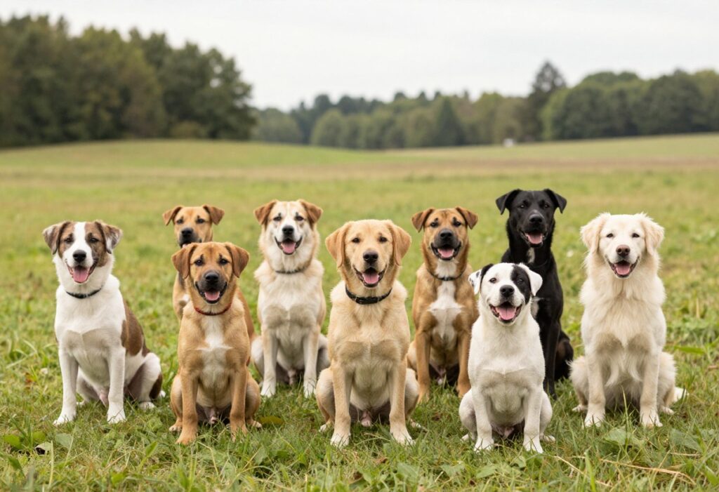 Group of puppies of various breeds sitting on grass, looking curious and happy.