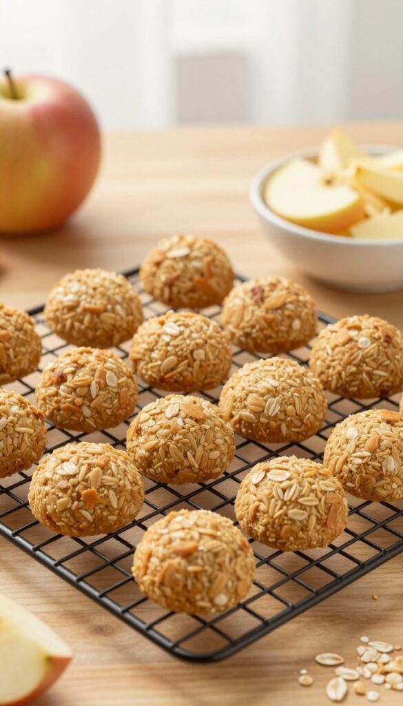 Freshly baked apple oat dog treats cooling on a rack with ingredients nearby