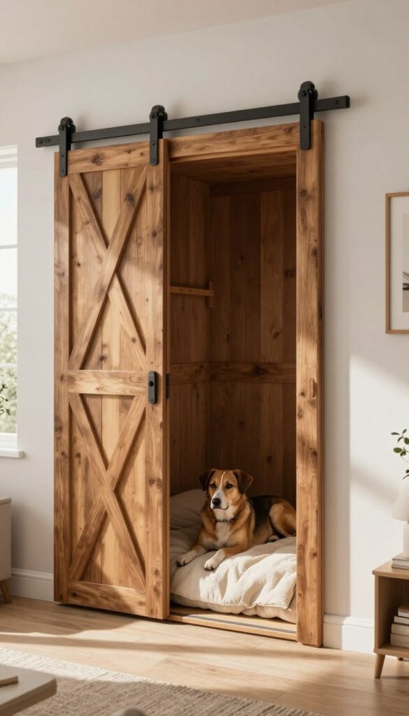 A rustic barn door kennel with a sliding reclaimed wood door, a dog resting inside on a soft blanket, warm natural lighting, cozy living room setting.