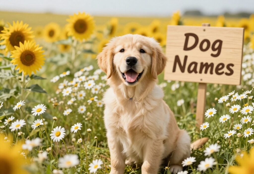 Golden retriever puppy in a flower field with a wooden sign reading Dog Names