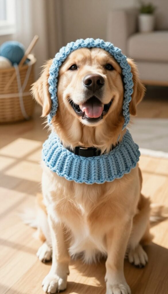 Golden retriever wearing a crochet collar cover, soft pastel blue, sitting on sunlit wooden floor, cozy living room background.
