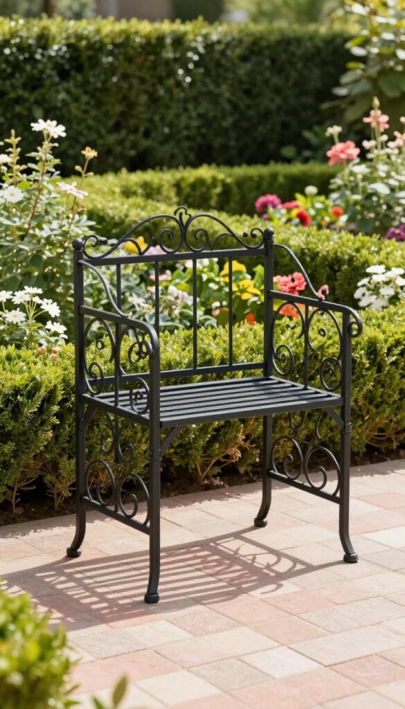 Wrought iron dog kennel with decorative scrollwork in a formal garden setting