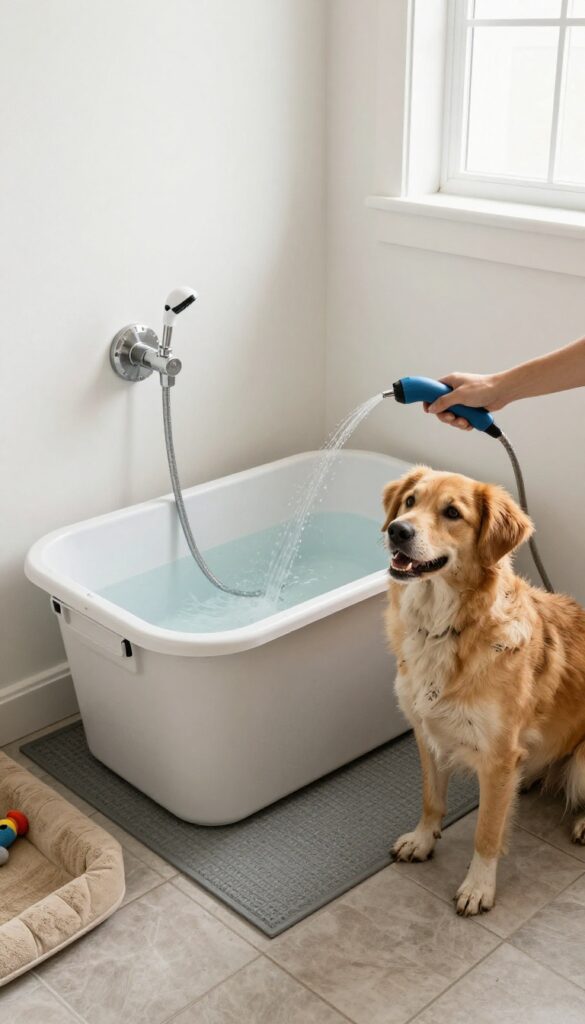 Dog kennel room with a simple wash station featuring a low tub and handheld sprayer, a dog with muddy paws nearby.