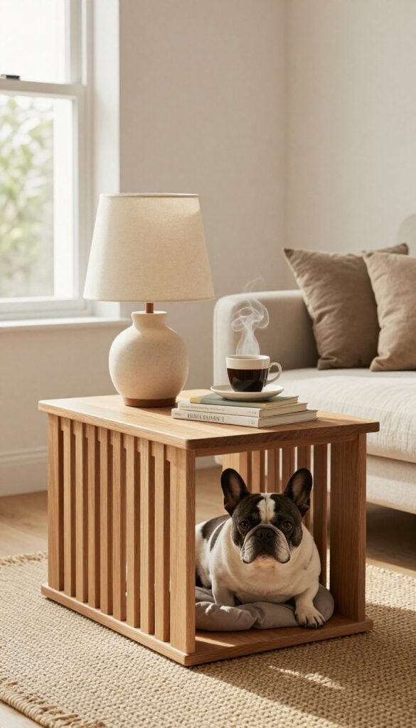 End table kennel with a small French Bulldog inside, lamp and books on top, in a bright living room.