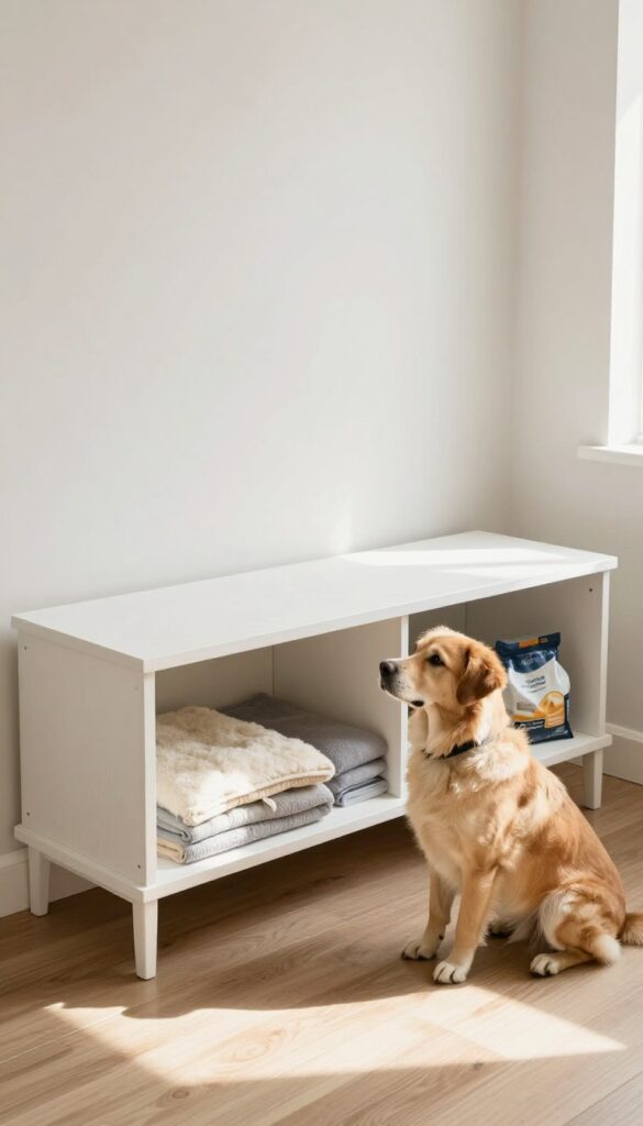 Dog crate with a wooden bench top, hinged seat lifted to show storage with blankets and dog food, a dog sitting beside it in a bright room.