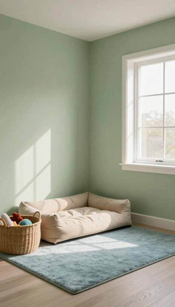 Calm dog kennel room with soft neutral colors, sage green walls, natural light, beige dog bed, and dusty blue rug.