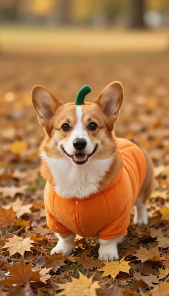 Small dog wearing cute pumpkin costume in autumn park